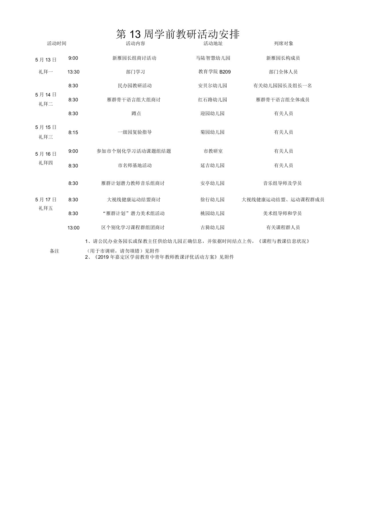 第13周学前教研活动安排