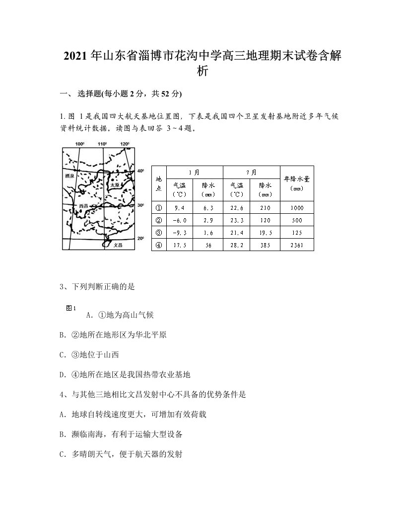 2021年山东省淄博市花沟中学高三地理期末试卷含解析