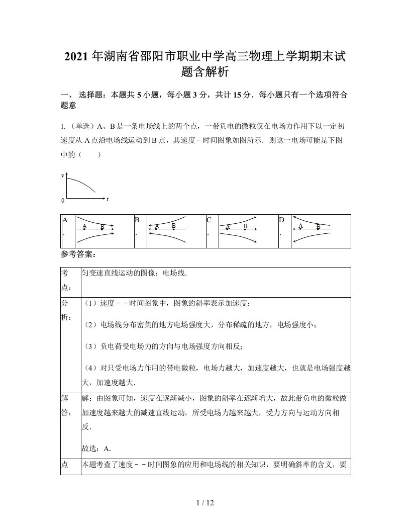 2021年湖南省邵阳市职业中学高三物理上学期期末试题含解析