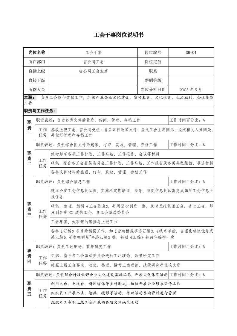 通信行业-省公司工会-干事岗位说明书