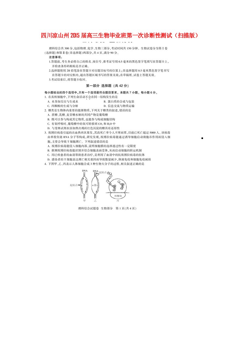 四川省凉山州高三生物毕业班第一次诊断性测试（扫描版）