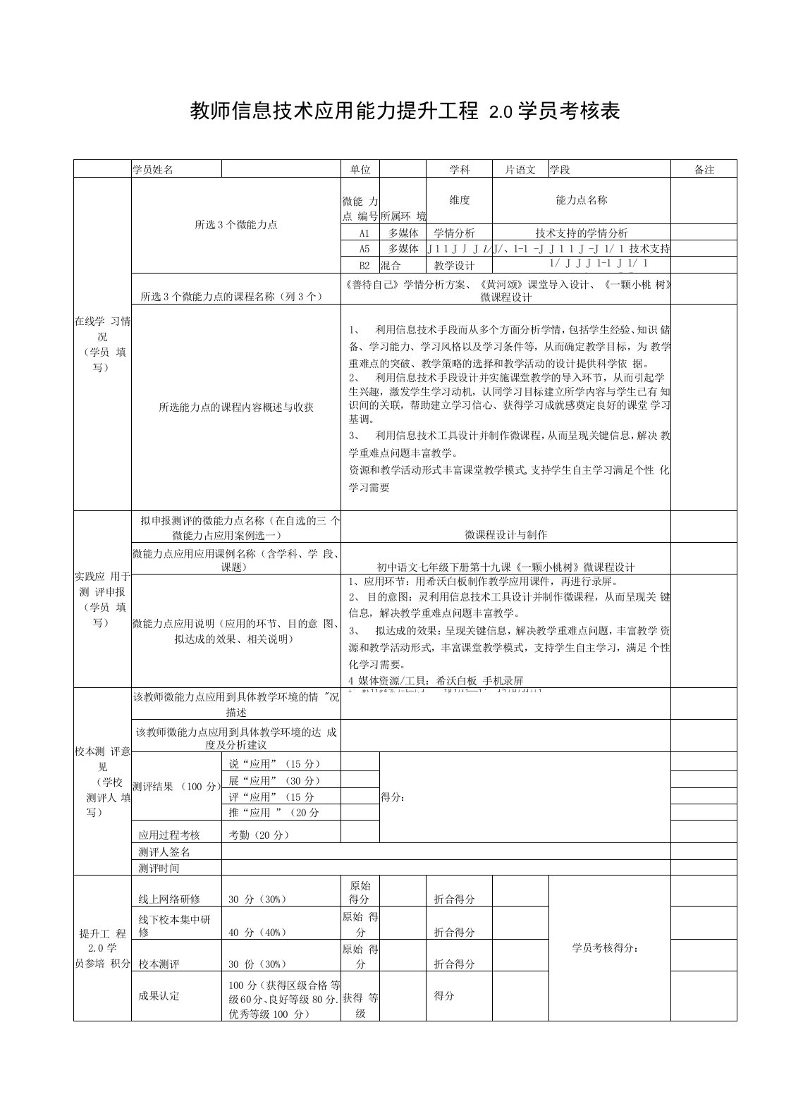 教师信息技术应用能力提升工程学员考核表(样表)