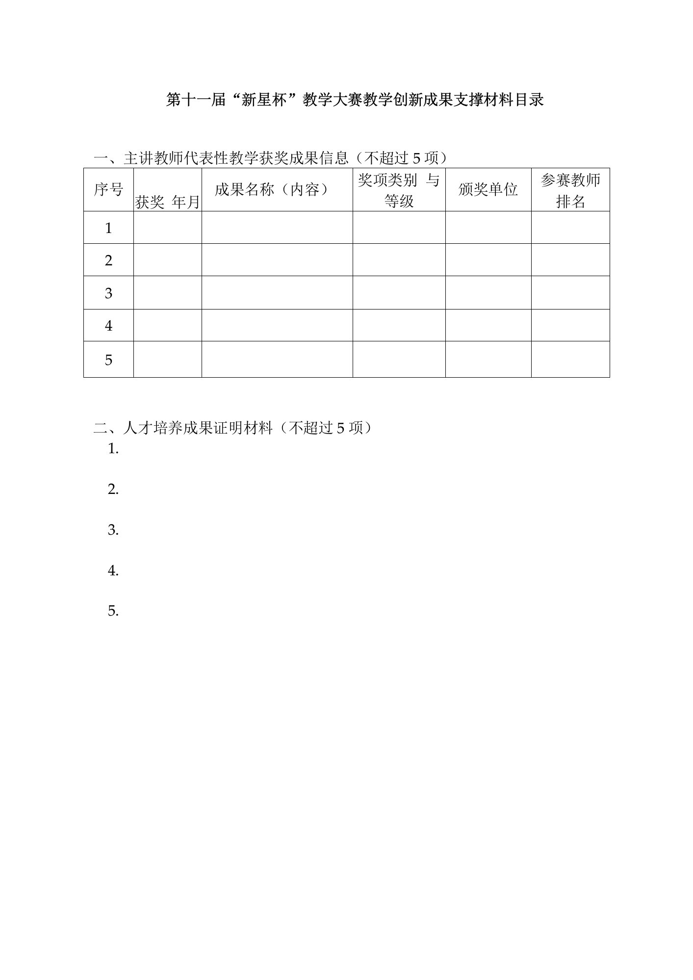 第十一届“新星杯”教学大赛教学创新成果支撑材料目录