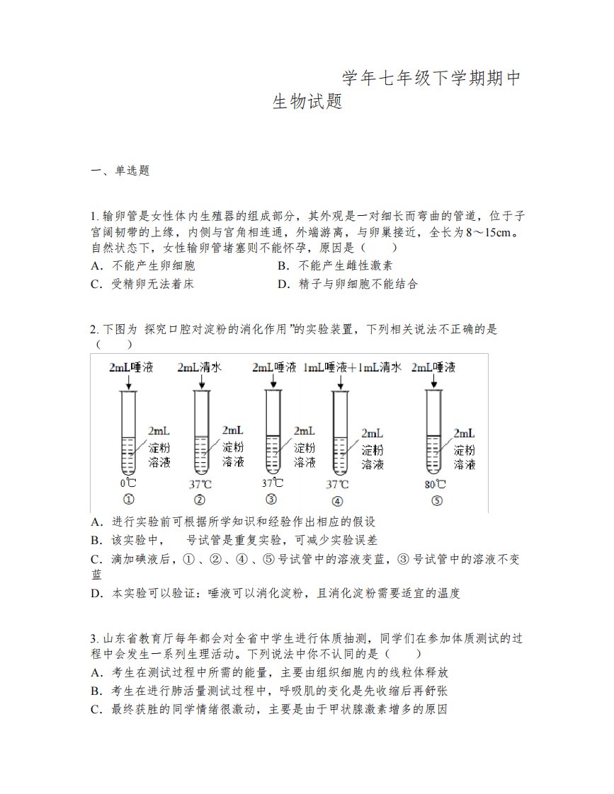 山东省泰安市肥城市2022-2023学年七年级下学期期中生物试题