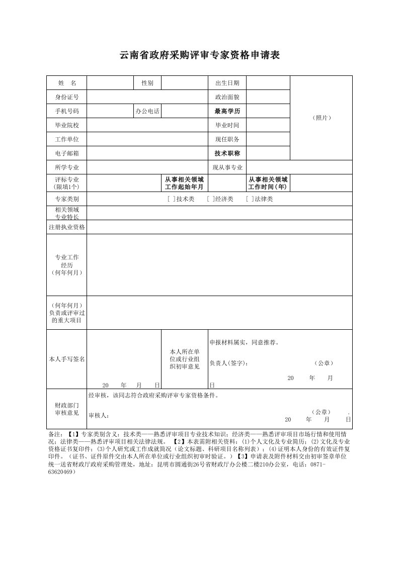 云南省政府采购评审专家资格申请表