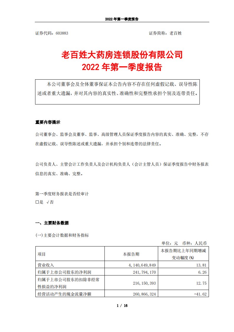 上交所-老百姓2022年第一季度报告-20220428