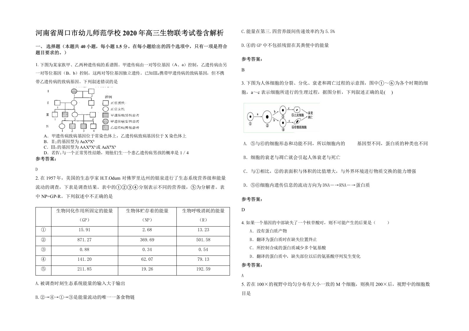 河南省周口市幼儿师范学校2020年高三生物联考试卷含解析