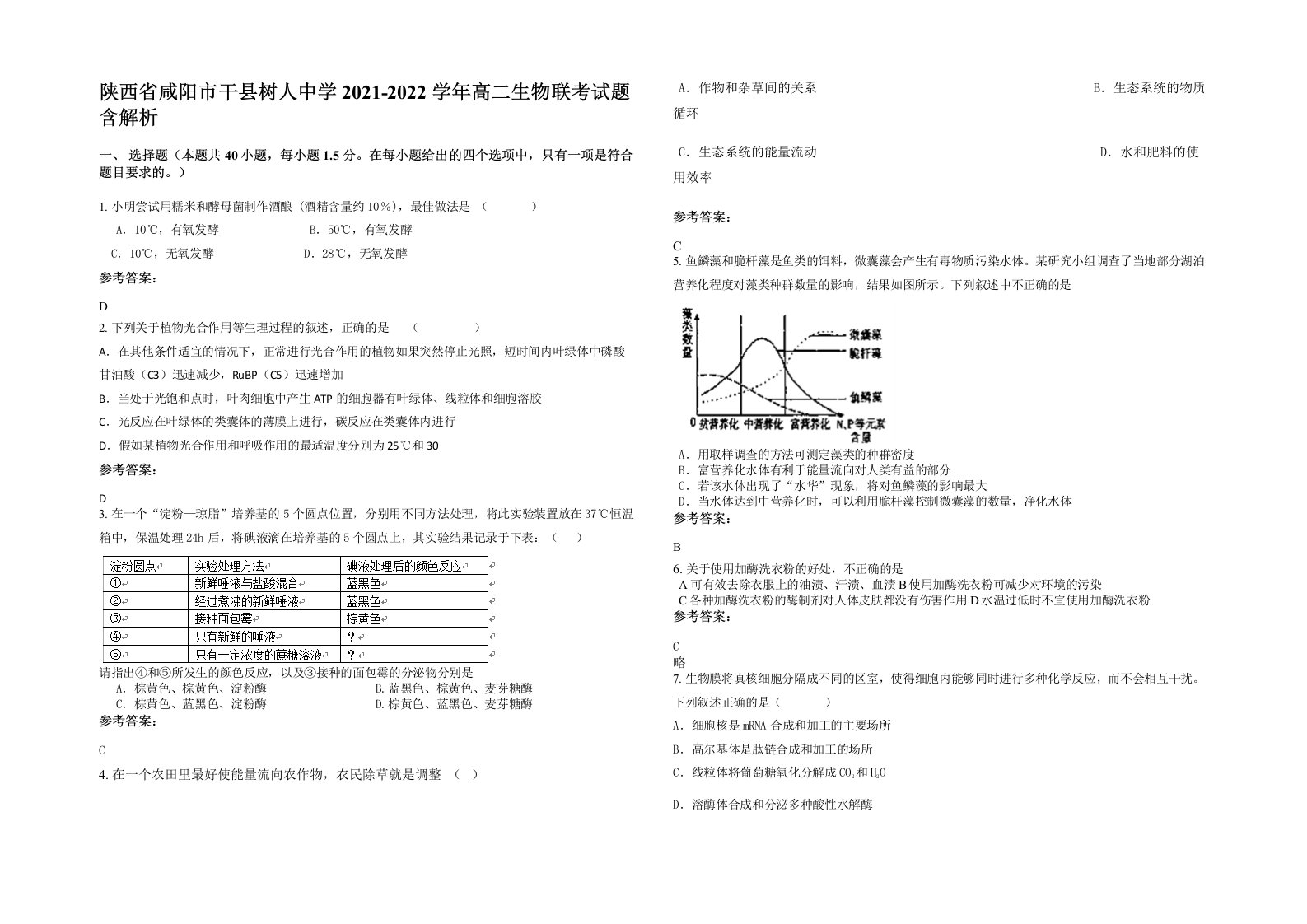 陕西省咸阳市干县树人中学2021-2022学年高二生物联考试题含解析