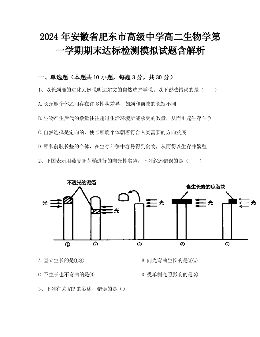 2024年安徽省肥东市高级中学高二生物学第一学期期末达标检测模拟试题含解析