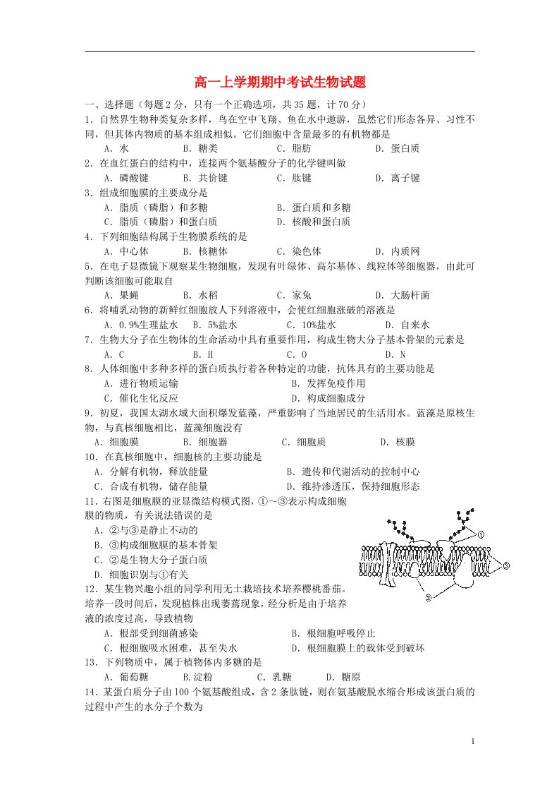 江苏省连云港市高一生物上学期期中试题苏教版