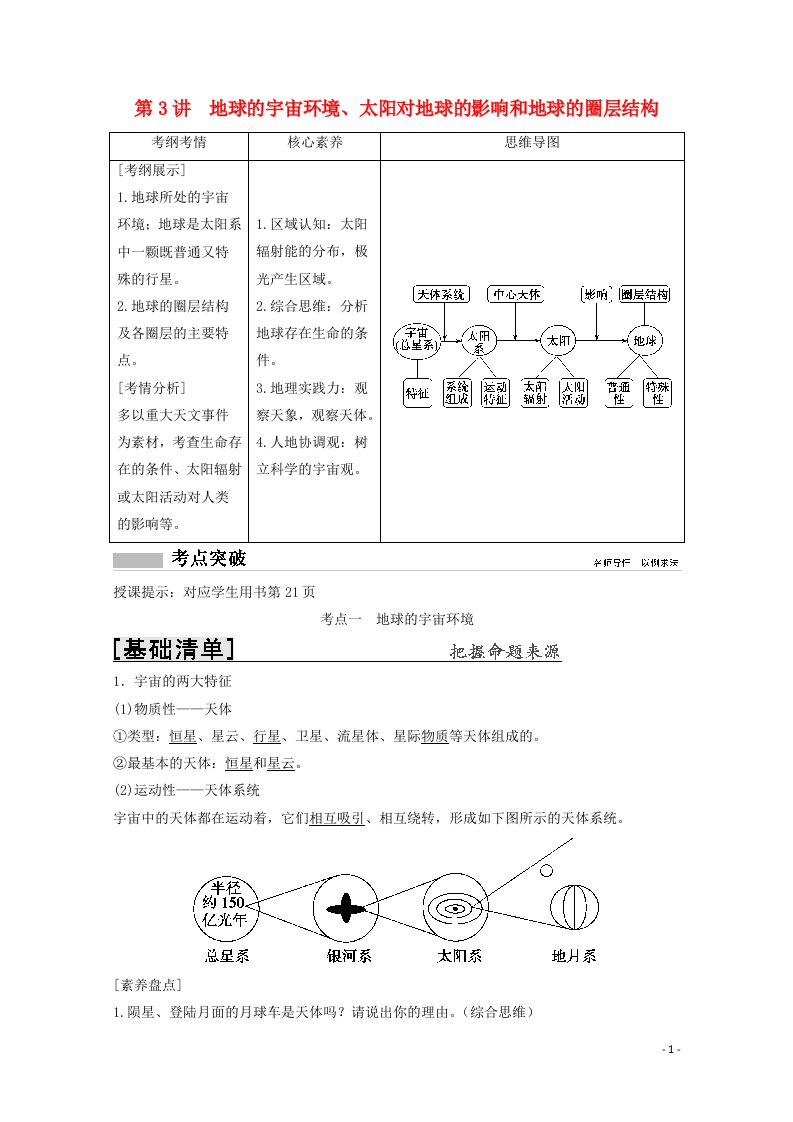 2022高考地理一轮复习第一章宇宙中的地球第3讲地球的宇宙环境太阳对地球的影响和地球的圈层结构教学案中图版202104152140