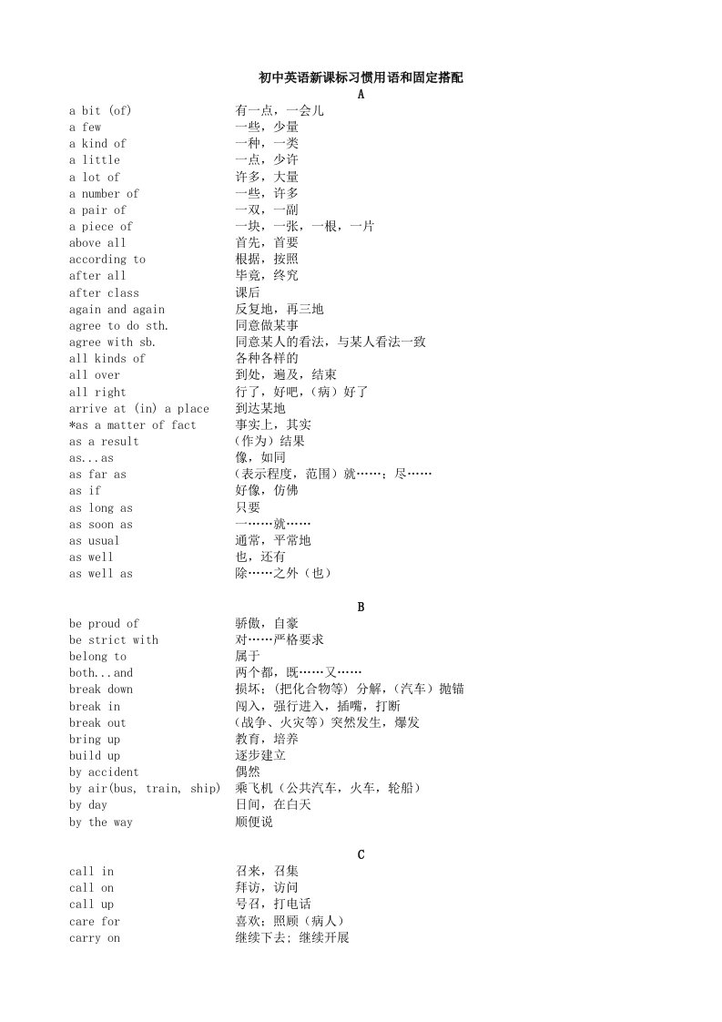 初中英语新课标习惯用语和固定搭配