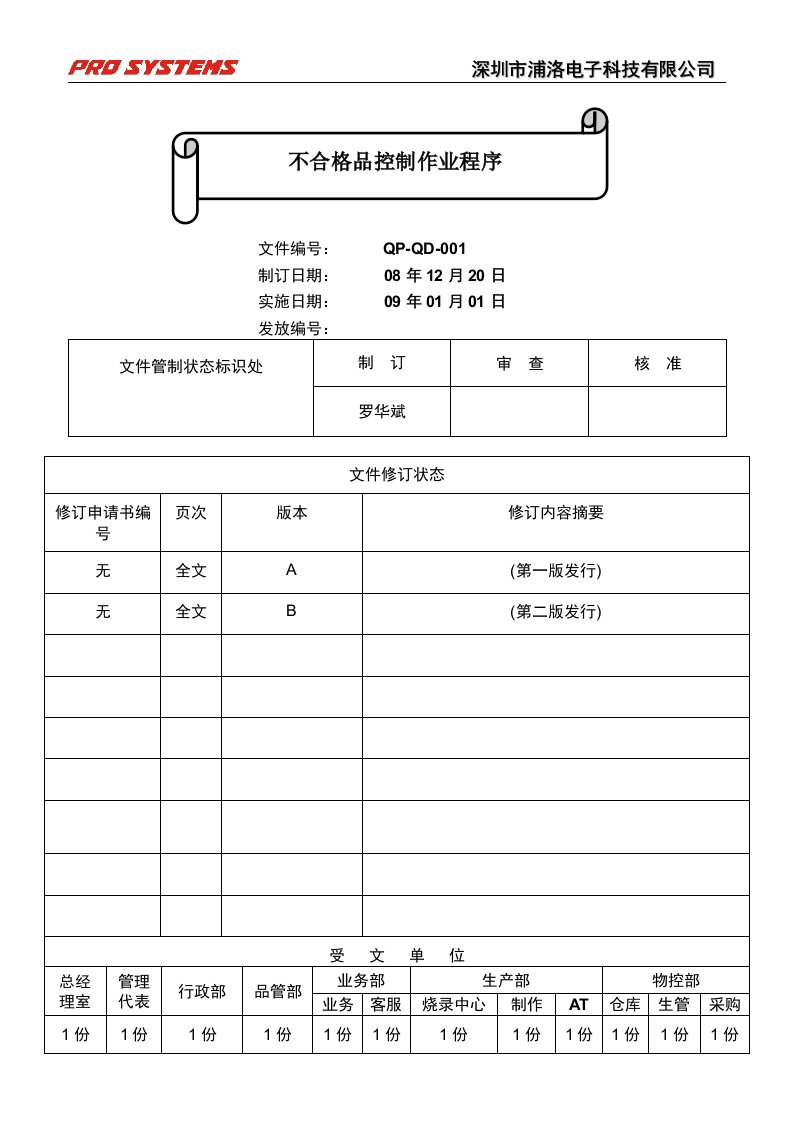 QP-QD-001B不合格品控制作业程序