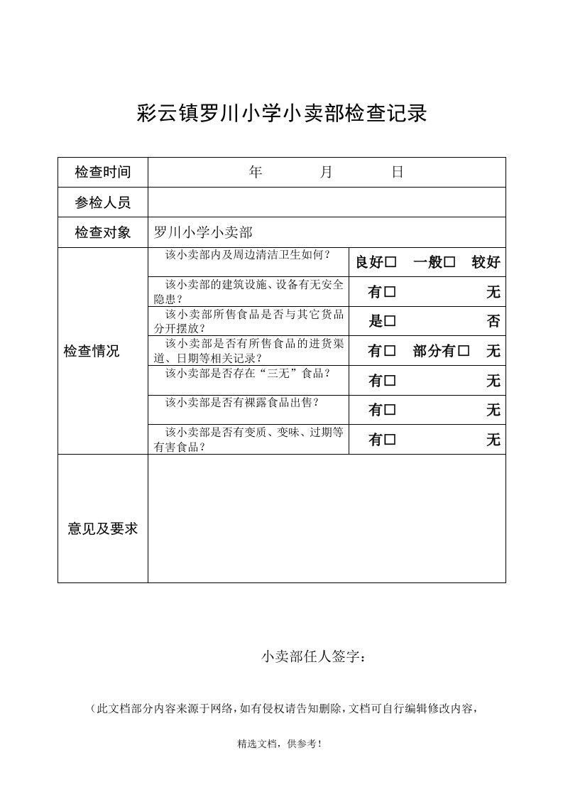 小卖部检查记录