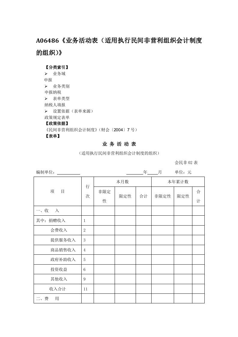 《业务活动表(适用执行民间非营利组织会计制度的组织)》