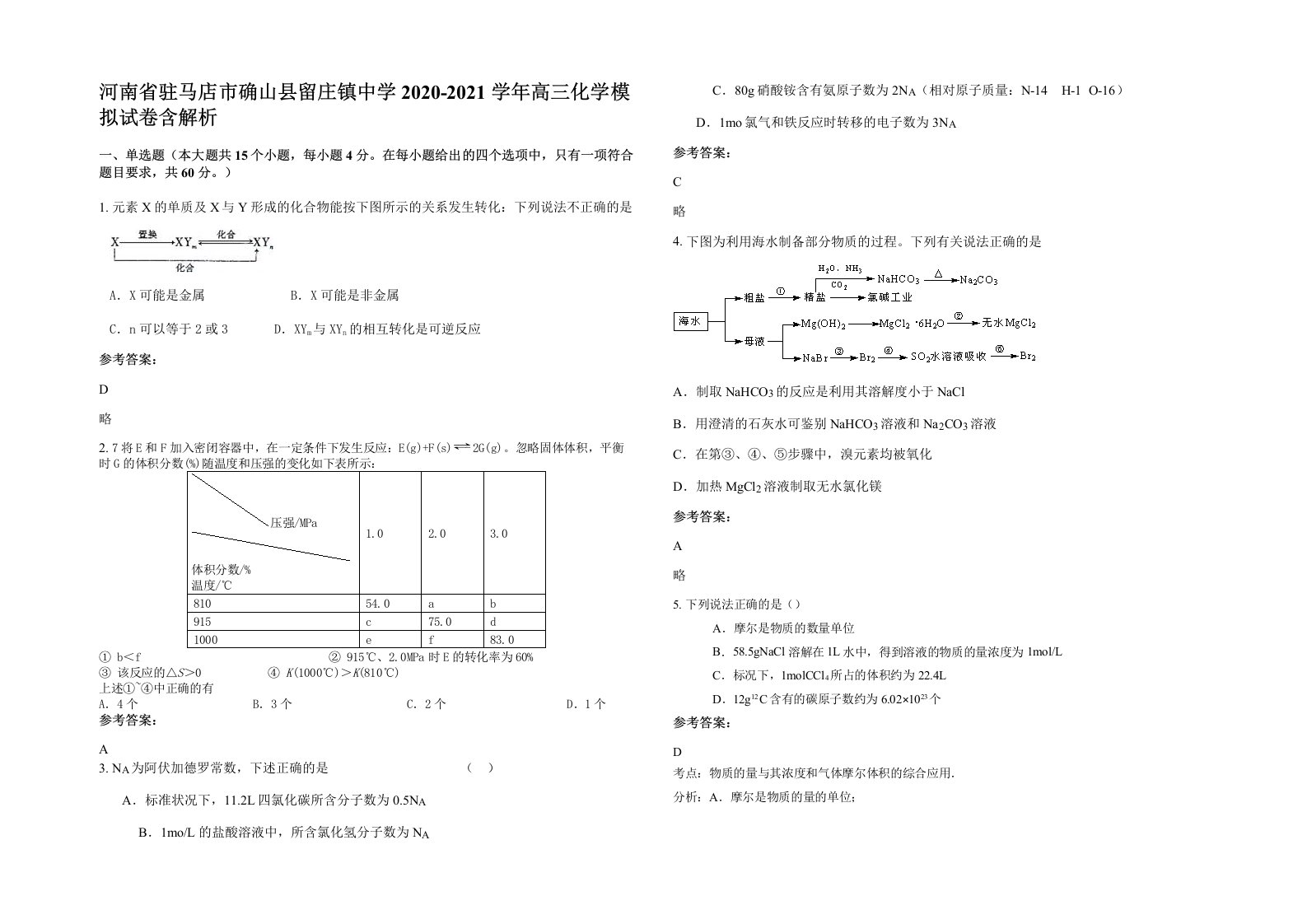 河南省驻马店市确山县留庄镇中学2020-2021学年高三化学模拟试卷含解析