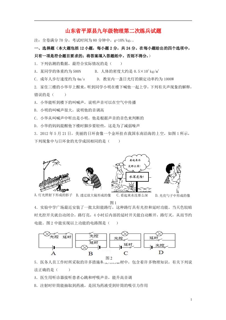 山东省平原县九级物理第二次练兵试题