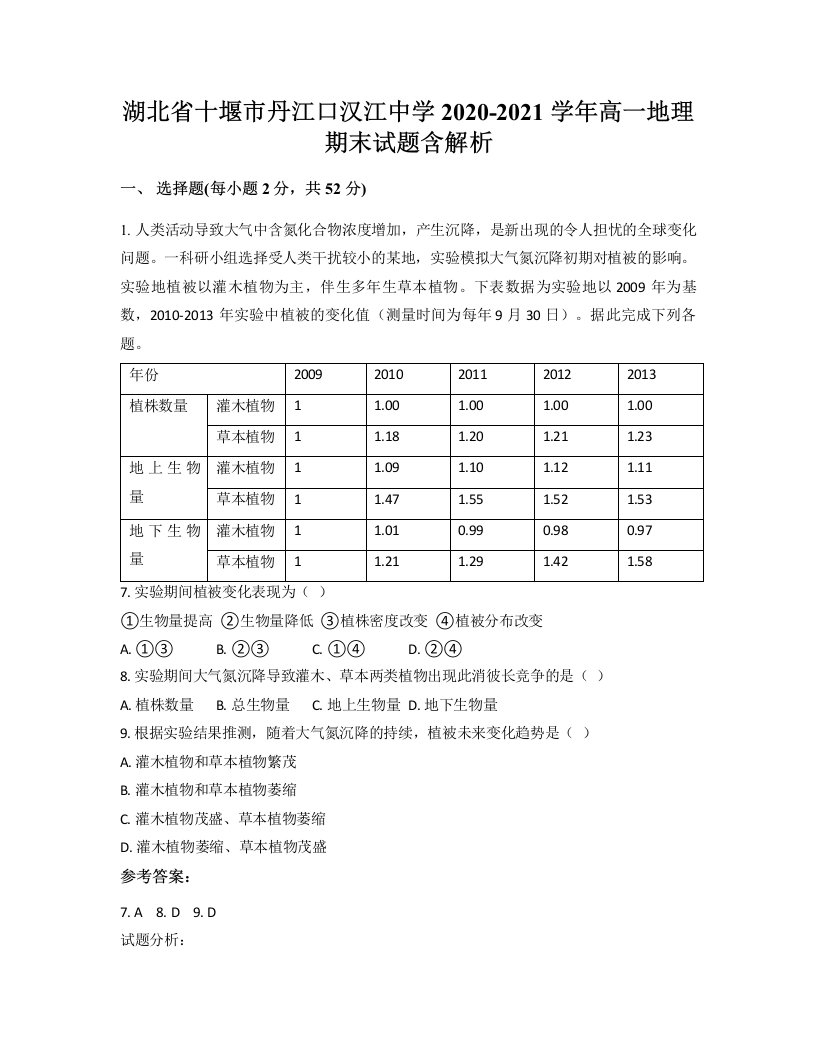 湖北省十堰市丹江口汉江中学2020-2021学年高一地理期末试题含解析