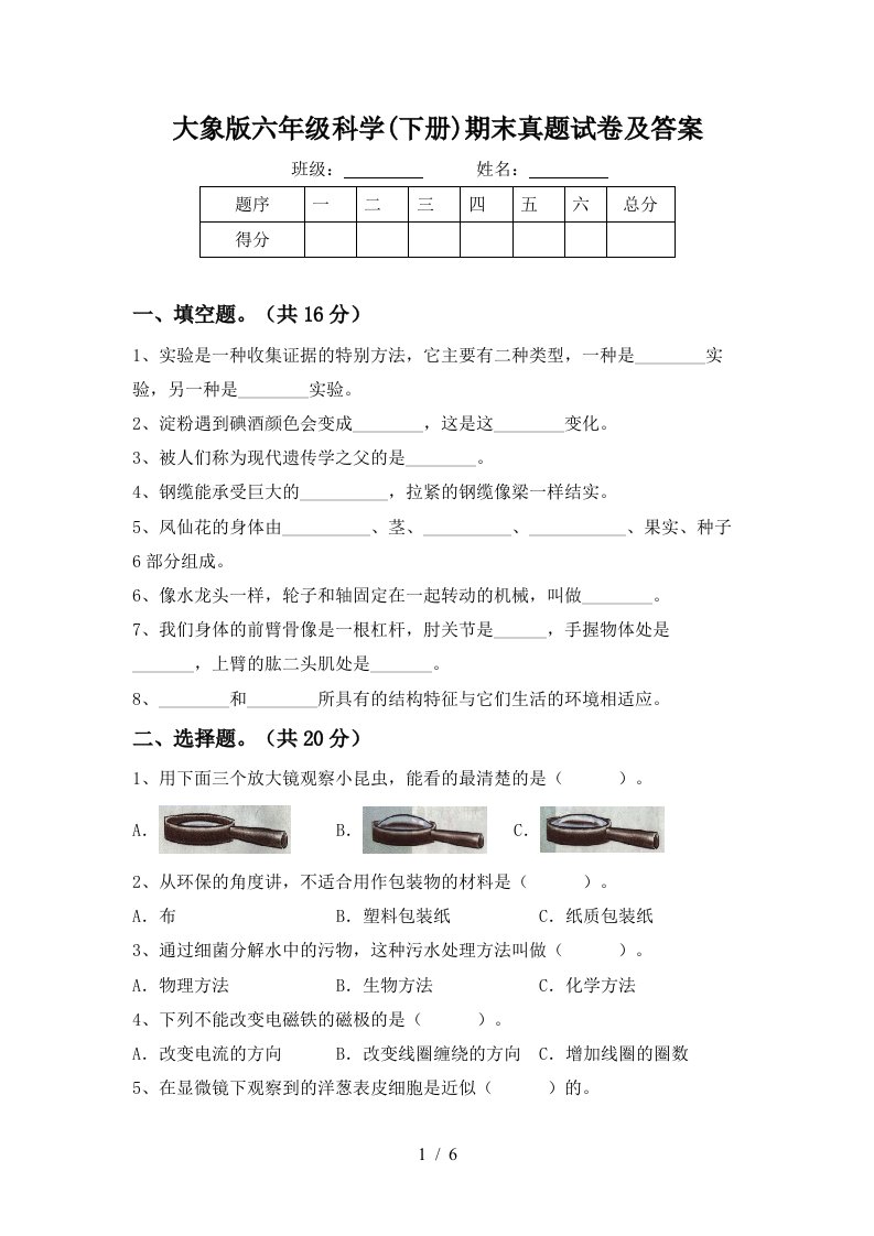 大象版六年级科学下册期末真题试卷及答案