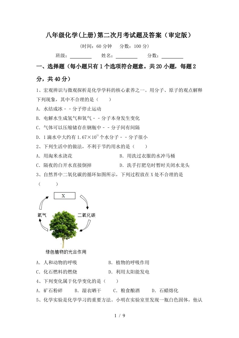 八年级化学上册第二次月考试题及答案审定版