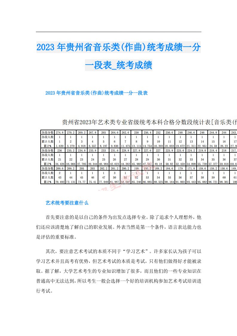 贵州省音乐类(作曲)统考成绩一分一段表_统考成绩