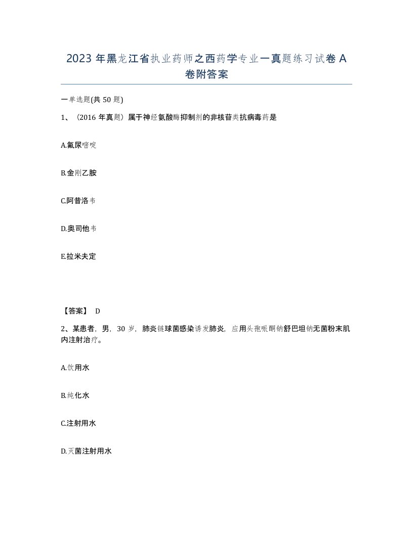 2023年黑龙江省执业药师之西药学专业一真题练习试卷A卷附答案