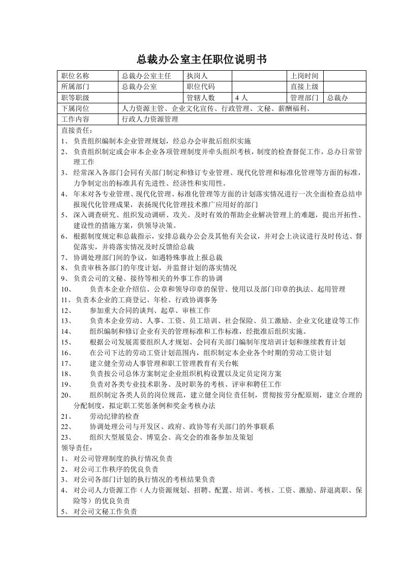 总裁办公室主任职位说明书