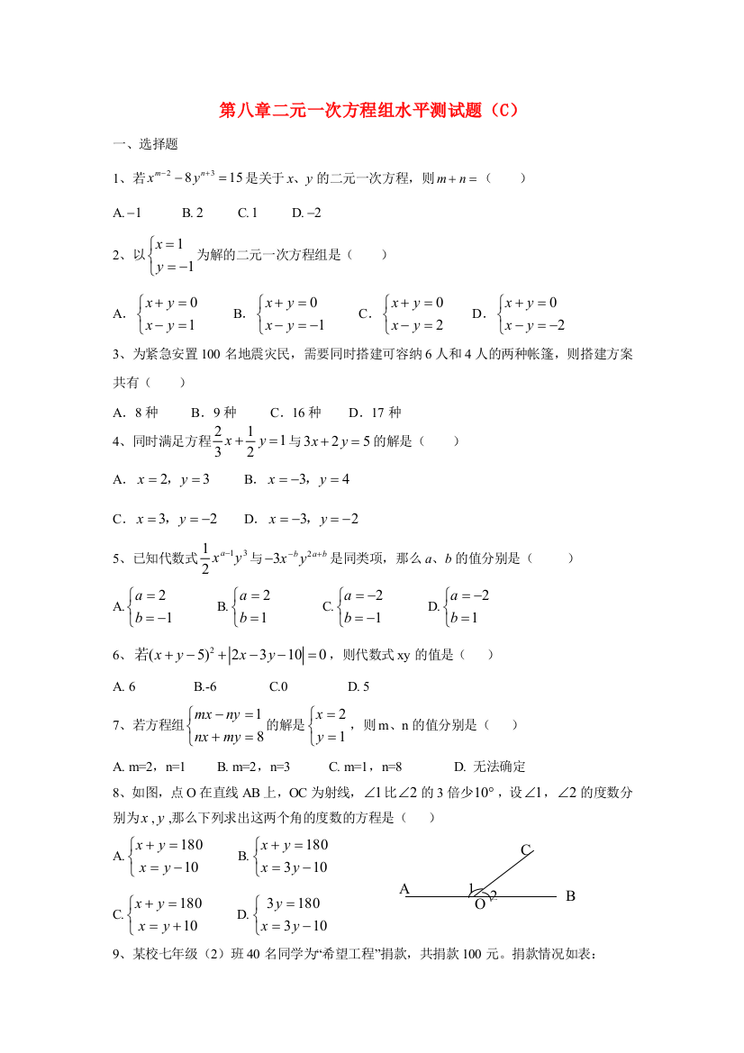 七年级数学下二元一次方程组水平测试题C新人教版