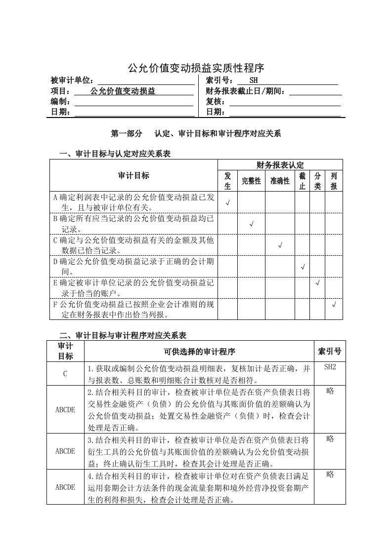 公允价值变动损益实质性程序审计表