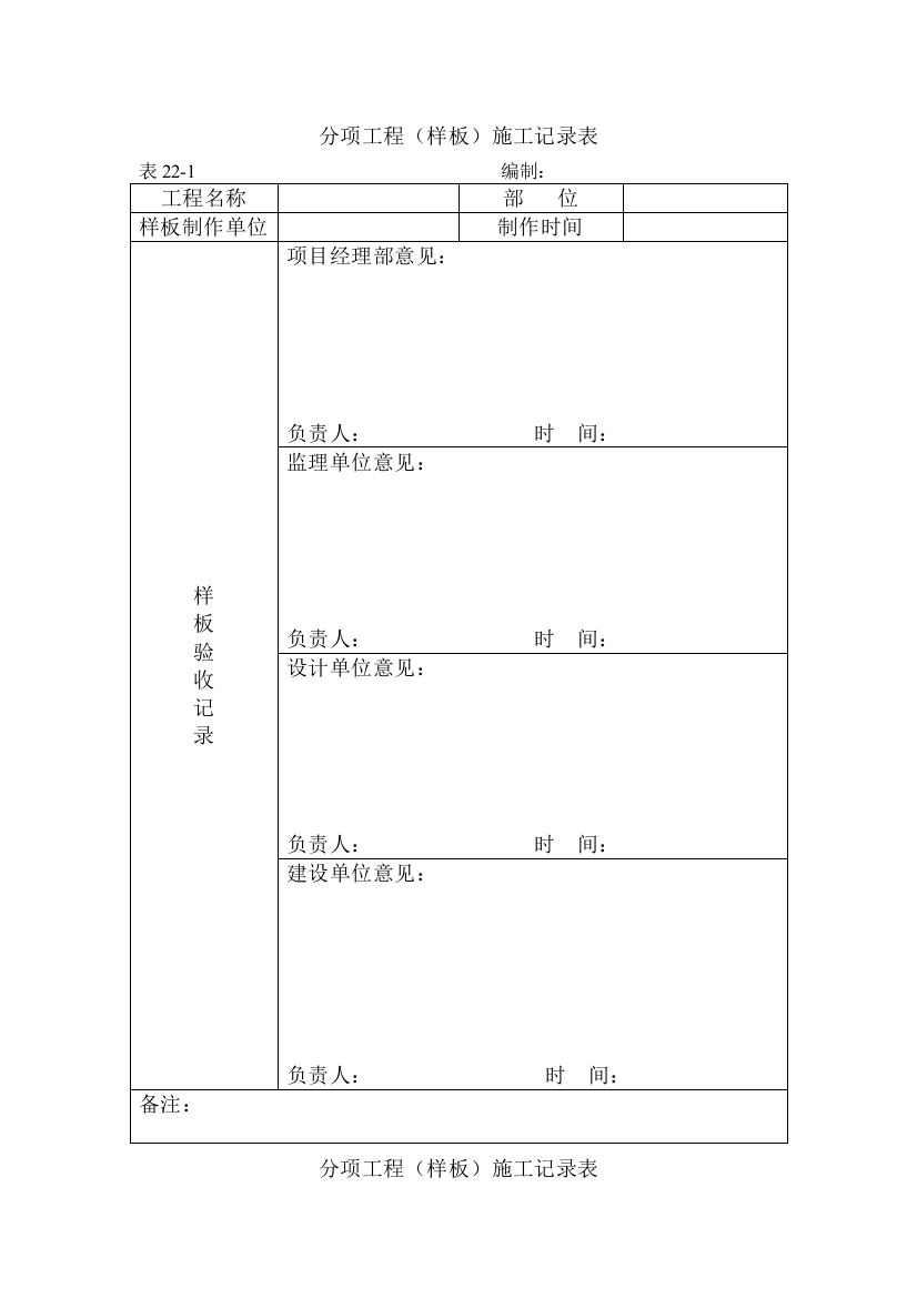 “样板”记录表(表22)