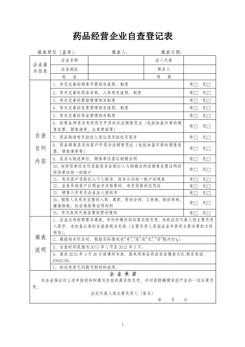 药品经营企业自查登记表