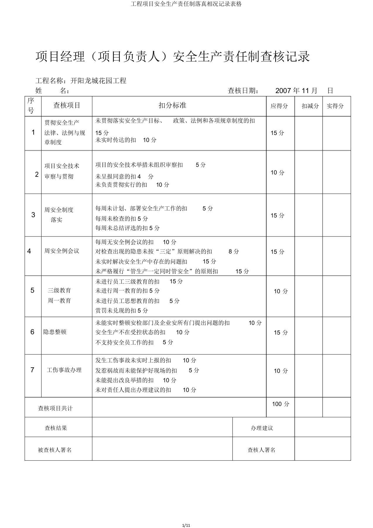 工程项目安全生产责任制落实情况记录表格