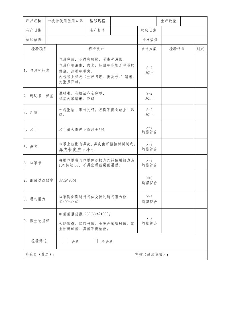 口罩-成品出厂检验报告单