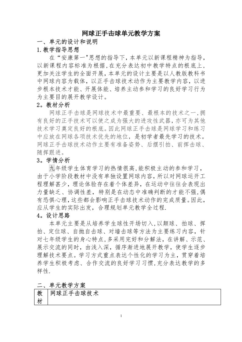 网球单元教学计划（六课时）