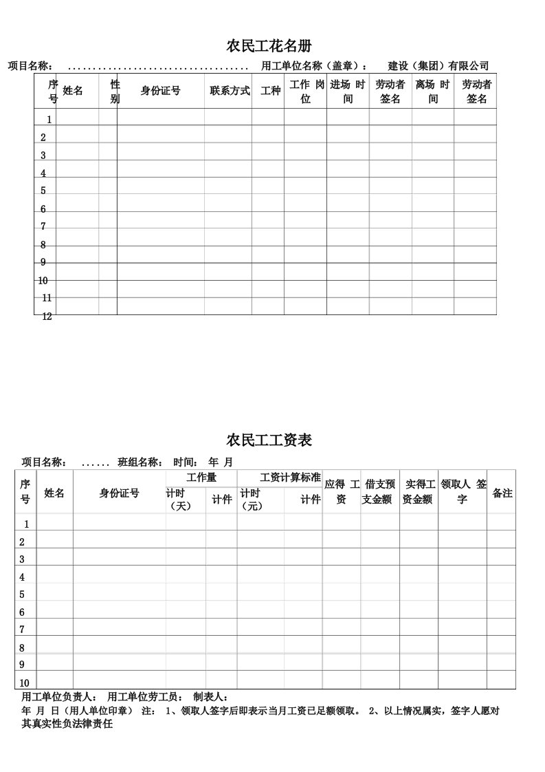 农民工工资表花名册