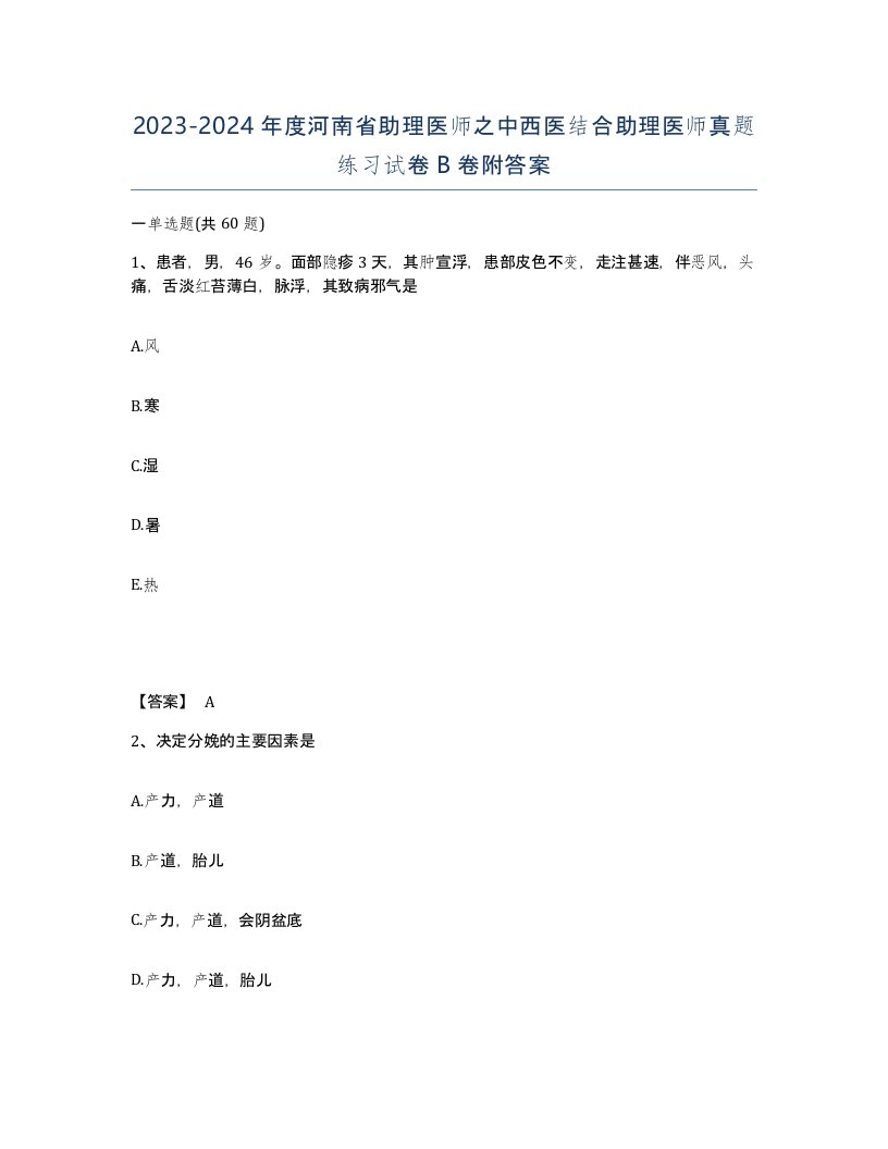 2023-2024年度河南省助理医师之中西医结合助理医师真题练习试卷B卷附答案