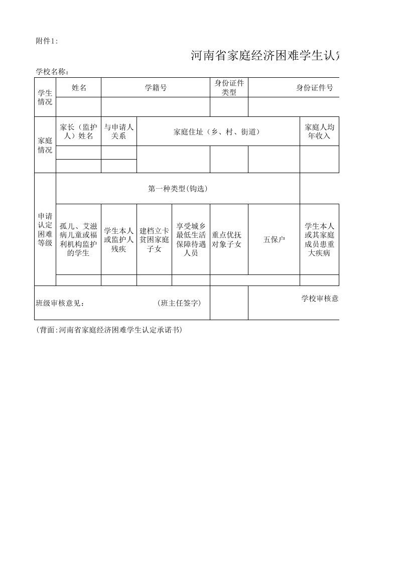 河南省家庭经济困难学生认定申请表