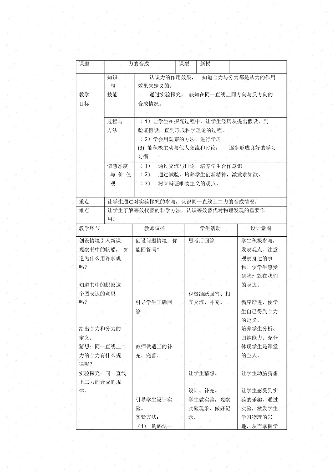 第二节《力的合成》教案(沪科版八年级)1初中物理试卷试题总结汇总