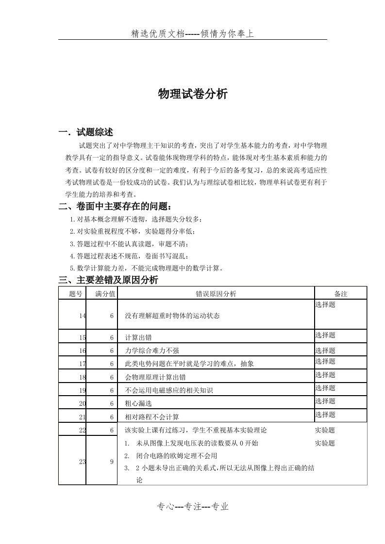 高三物理试卷分析(共2页)