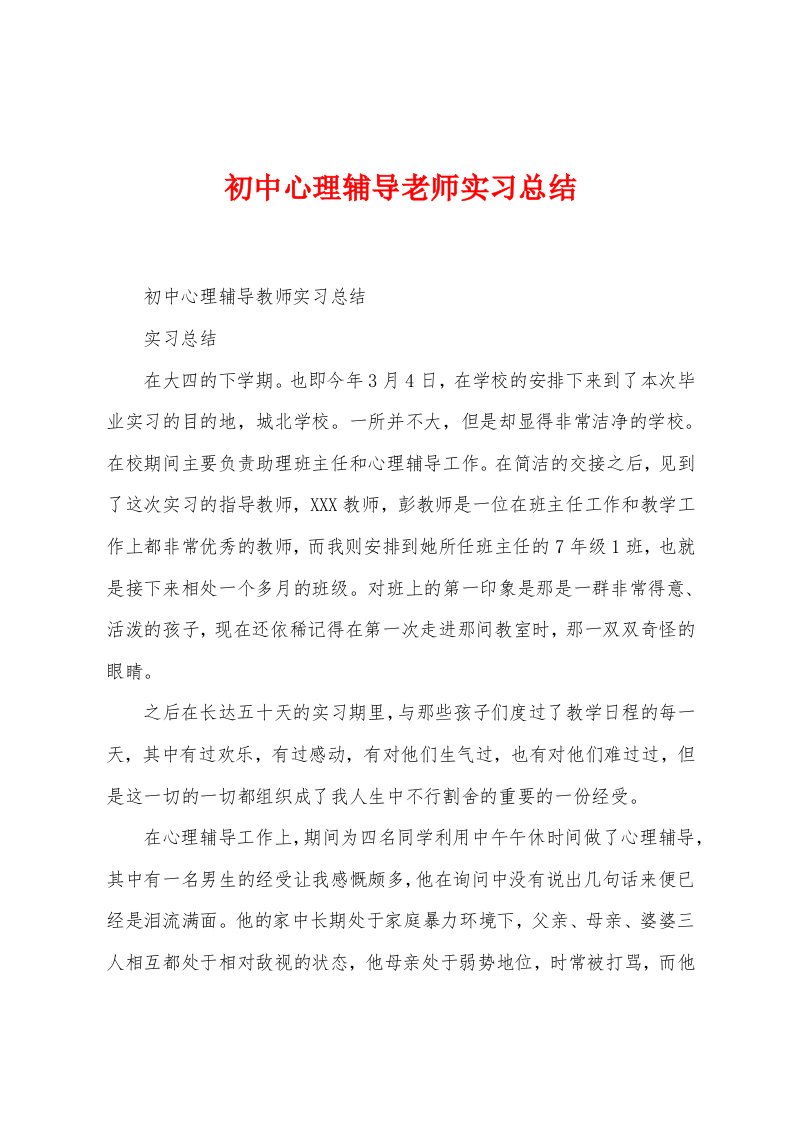 初中心理辅导老师实习总结