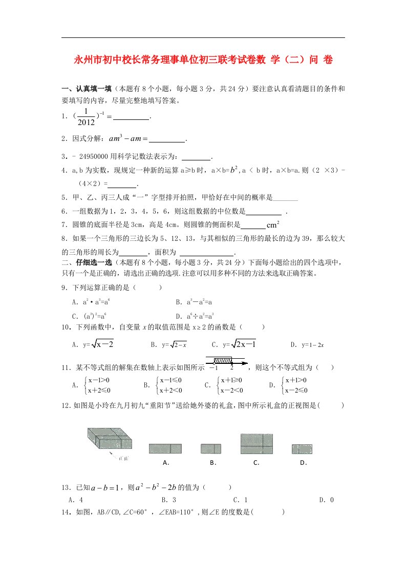 湖南省永州市初中校长常务理事单位九级数学联考试题（二）（无答案）