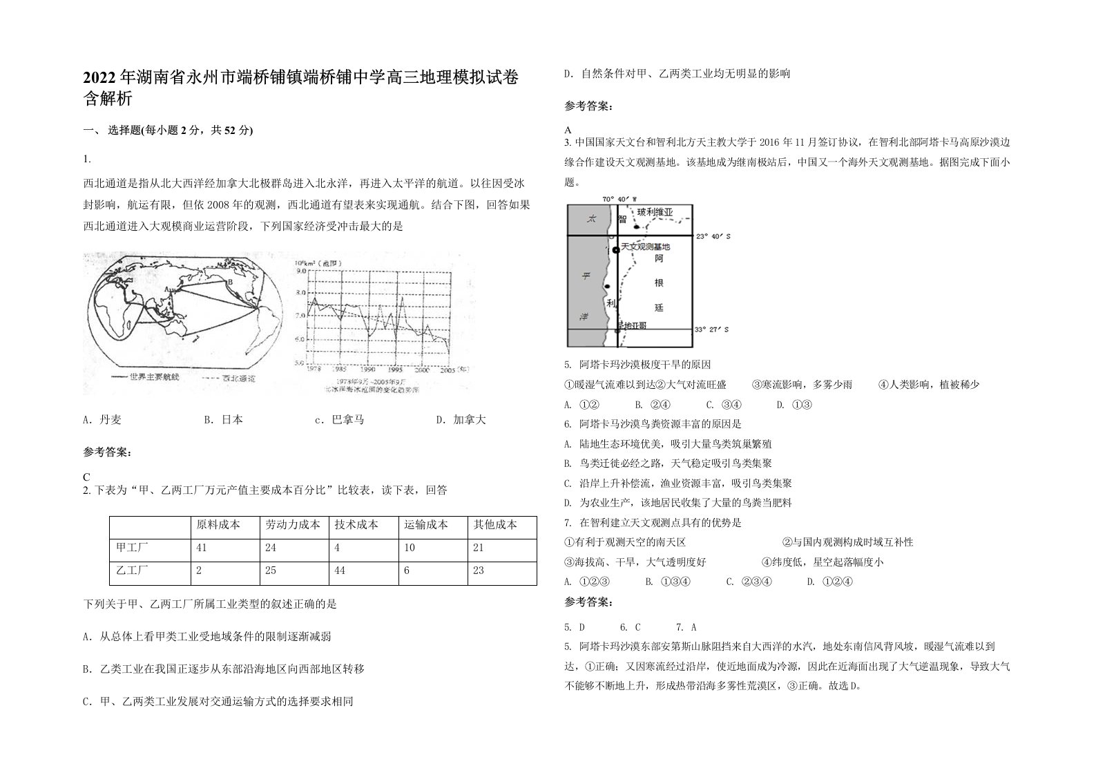 2022年湖南省永州市端桥铺镇端桥铺中学高三地理模拟试卷含解析