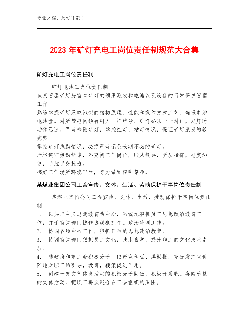 2023年矿灯充电工岗位责任制规范大合集