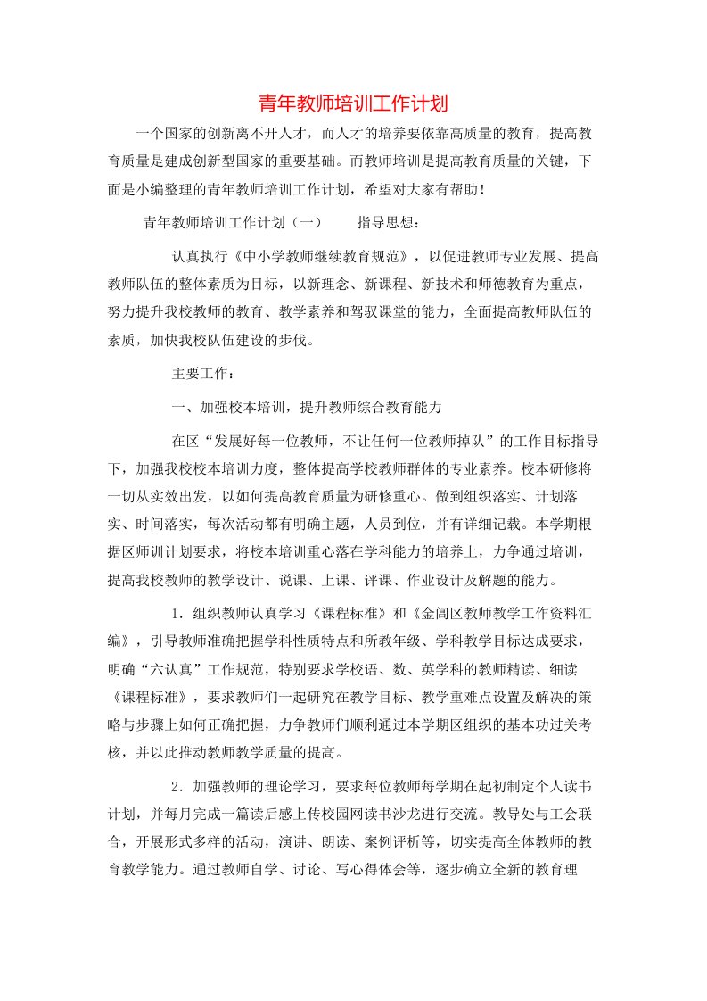 青年教师培训工作计划