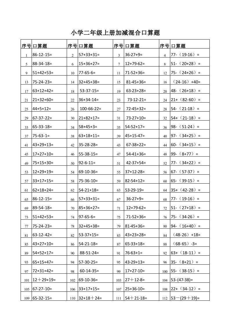 小学二年级上学期加减混合运算练习题