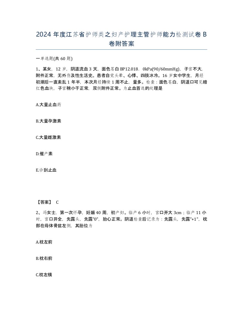 2024年度江苏省护师类之妇产护理主管护师能力检测试卷B卷附答案