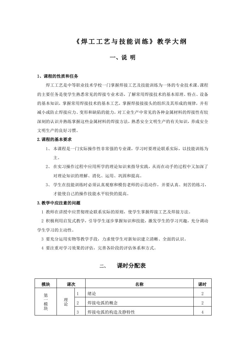 焊工工艺与技能训练教学大纲