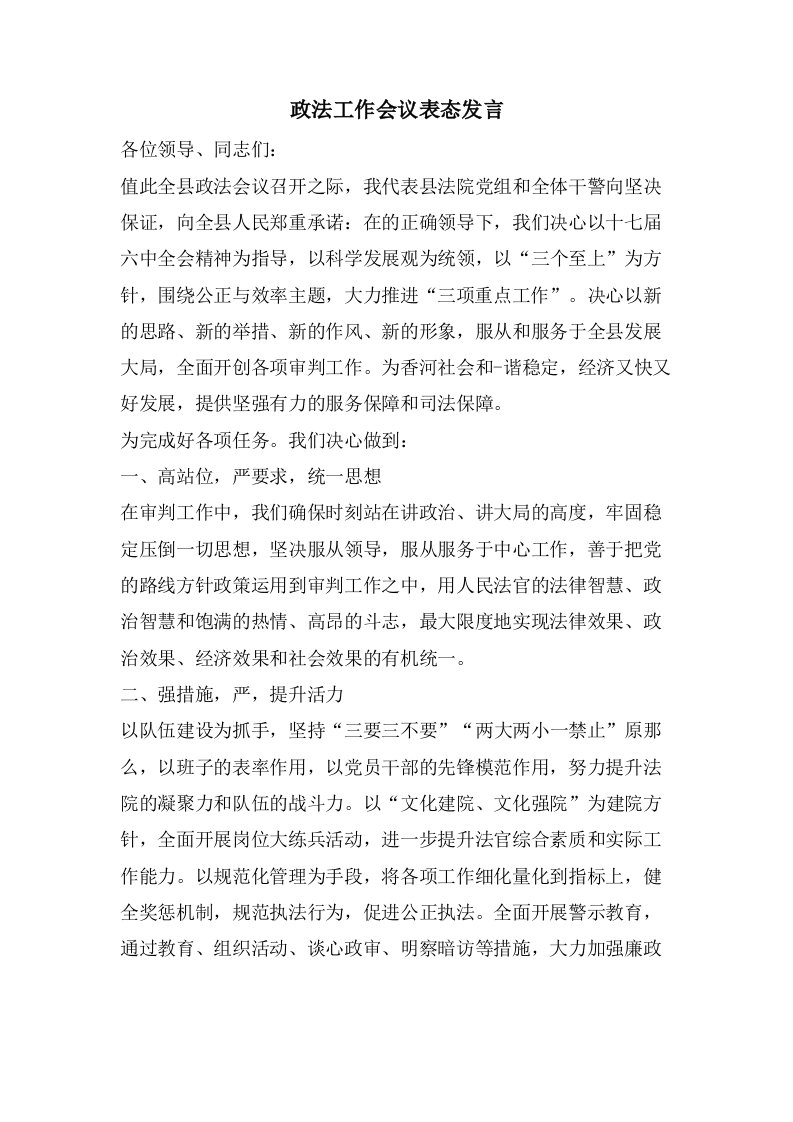 政法工作会议表态发言