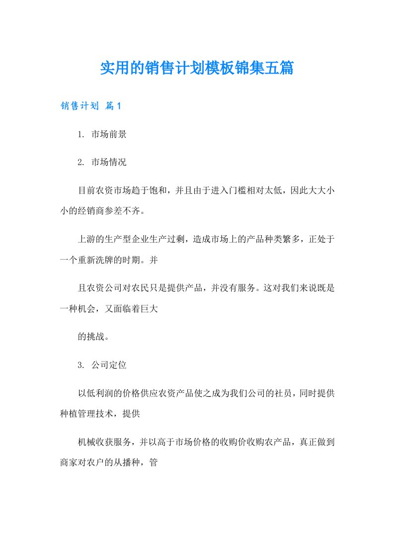 实用的销售计划模板锦集五篇