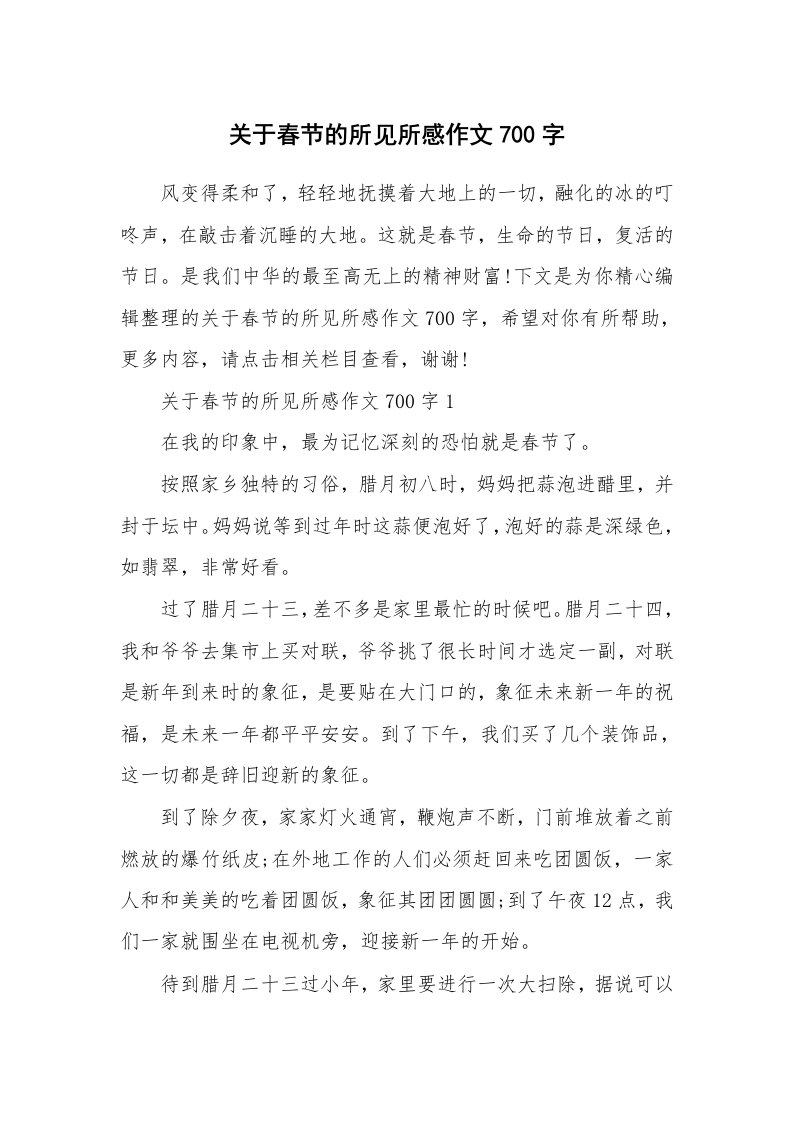 关于春节的所见所感作文700字